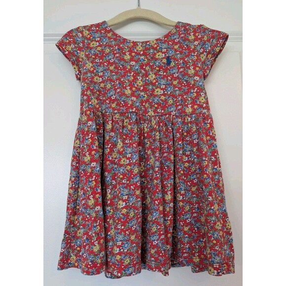 Ralph Lauren Cotton Red Floral Navy Pony Short Sleeve Dress Girls Size 18 Months - Picture 1 of 8